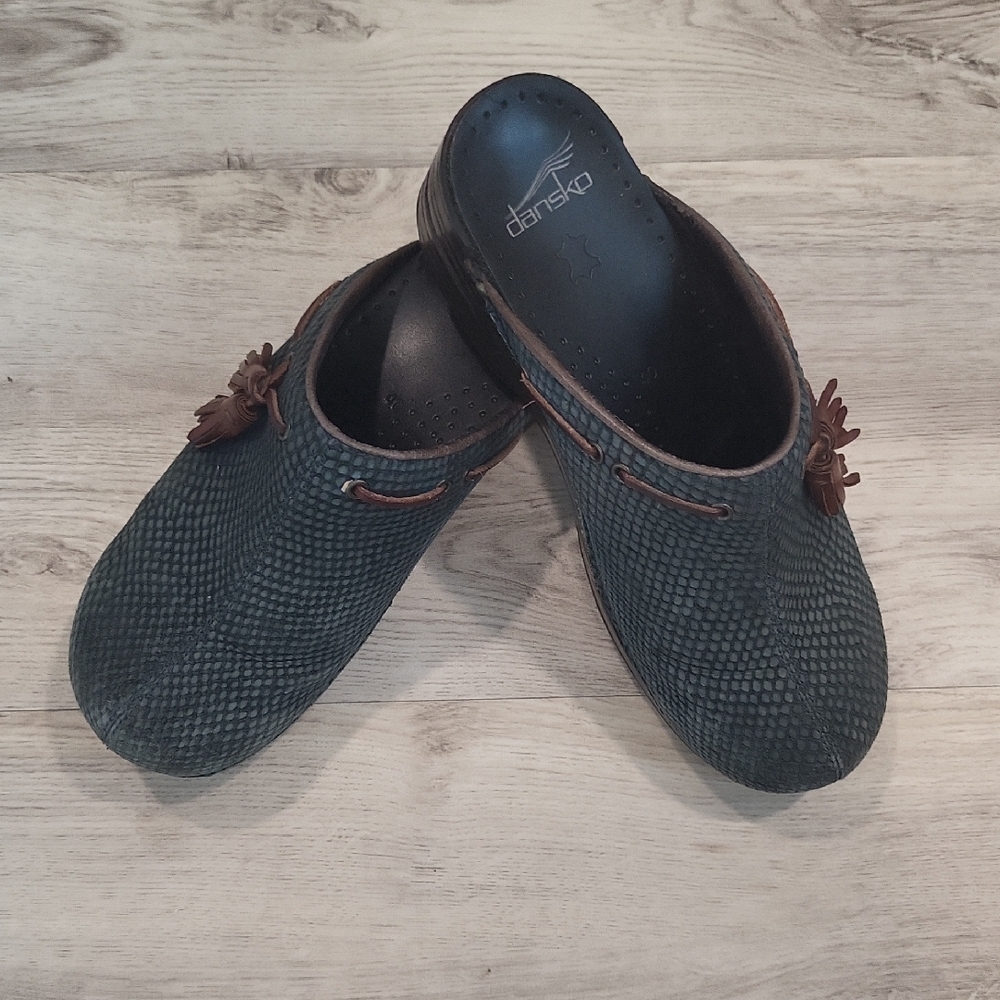 Dansko Blue and Brown Textured Clogs